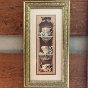 Sandy Clough Framed and Matted Signed Art Print Tea Cups Lace Custom Framed Gold